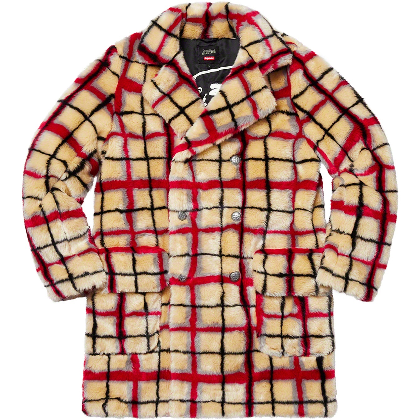 Supreme®/Jean Paul Gaultier® Double Breasted Plaid Faux Fur Coat view 2
